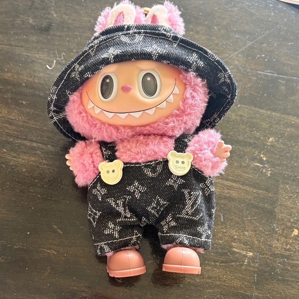 Pink Plush Bunny Doll in Black Overalls - Kids Toy- outfit only with shoes